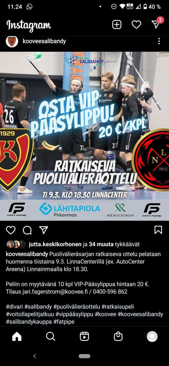 Ratkaiseva puolivälierä <a href="/LNMsalibandy/">LNM Salibandy</a> vastaan ti klo 18.30 LinnaCenterissä ja <a href="/Solidsport_FIN/">SolidSport Finland</a> -kanavalla. Jos haluat paikalle, niin siihen on muutamalla mahdollisuus. Tietoa ohesta tai suoraan IG:stä, toimi nopeasti! #salibandy #divari