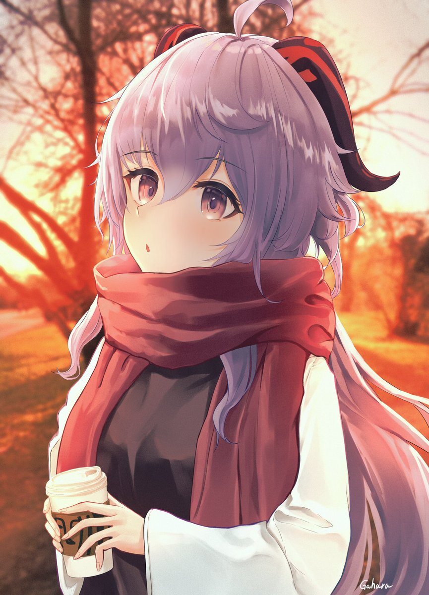 ganyu (genshin impact) 1girl scarf horns solo long hair ahoge purple eyes  illustration images