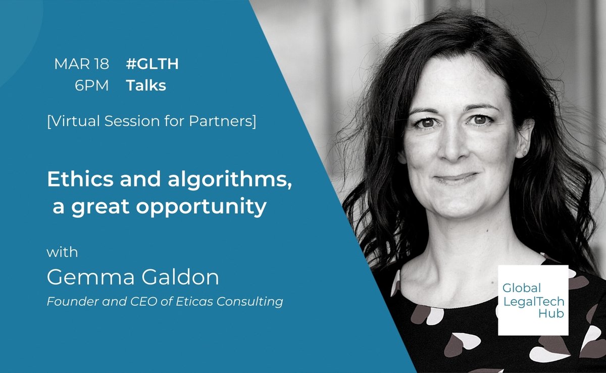 Glegaltechhub's tweet photo. 📅 Save the date!
A new #GLTHTalks session will take place on March 18th at 6p.m.
We will be discussing about “Ethics and Algorithms” with @GemmaGaldon, Founder and CEO of @EticasConsult.
📩Don’t miss it out, and check your email to register.
#GLTH #Legaltech https://t.co/ArR6nE0KVx