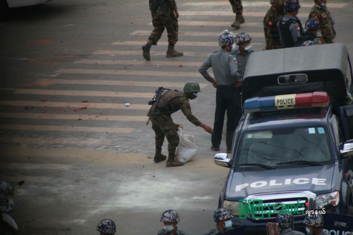 poppymcp's tweet photo. Washing blood from the streets in Myitkyina, the capital of #Myanmar’s Kachin state, where several protesters have been shot dead by security forces today.

#WhatsHappeningInMyanmar https://t.co/8BB7pznlsk
