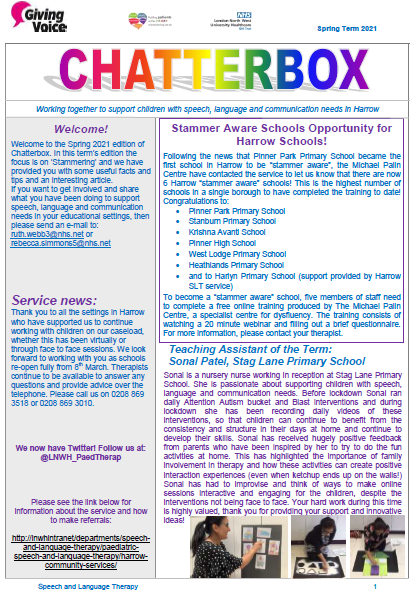 CNWL_PaedTherap's tweet photo. Meet the Chatterbox, our termly newsletter which goes out to Harrow Primary Schools! Find some tips and facts about Stammering and meet our TA of the term Sonal Patel from @StagLane #newsletter #SLT #SLTchat #HarrowSLT
@LNWH_NHS @GivingVoiceUK https://t.co/q9sWWcLanW