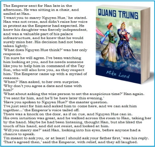 QUANG TRUNG a brilliant military tactician 
Princess Le Ngoc Han marries the Tay Son leader, Nguyen Hue, who two years later declares himself Emperor Quang Trung to successfully defeat the massive Tsing invasion. 
amazon.com/dp/B00K48G3N6
smashwords.com/books/view/434…