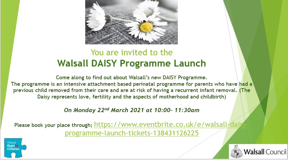 WRight4Children's tweet photo. Come along to find out about #Walsall’s new DAISY Programme On Monday 22nd March 2021 at 10:00- 11:30am. Book your place through; https://t.co/umupcWxpwN  #WR4C https://t.co/FfrxHq40Kt