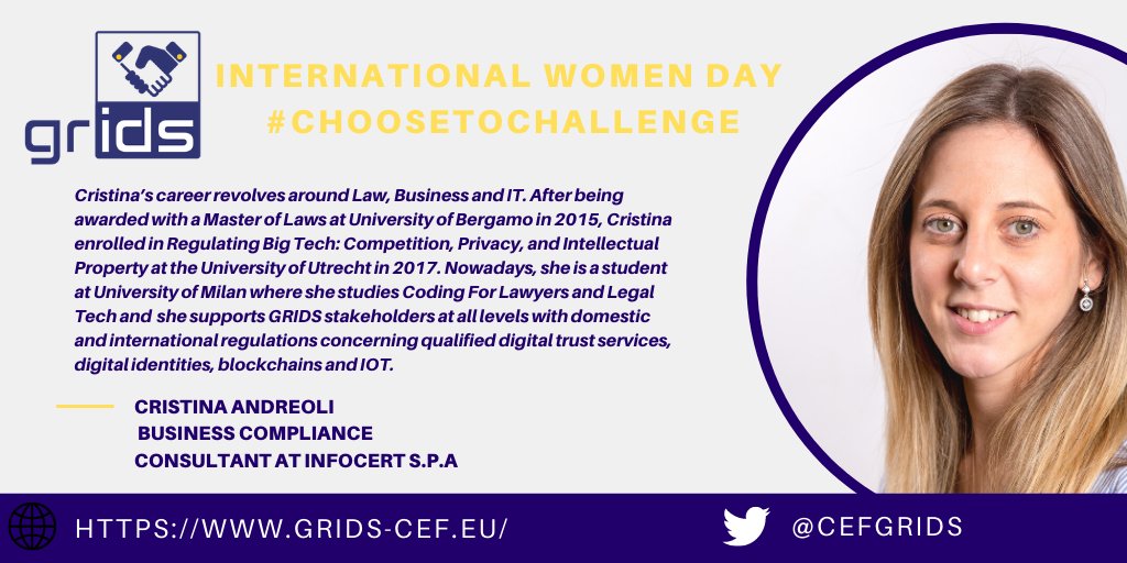 CefGrids's tweet photo. With a strong background in privacy issues, Cristina Andreoli from @InfoCert_it  supports the #GRIDS project with her knowledge about international regulations of digital trust services and digital identities.
@inea_eu 
#ChooseToChallenge  #IWD2021 https://t.co/9xZn6VpE86