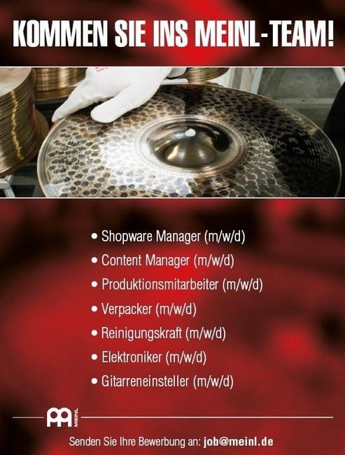 Werde Teil der #meinlfamily 

Mehr Infos auf meinl.de/de/karriere/st… 

#job #jobs