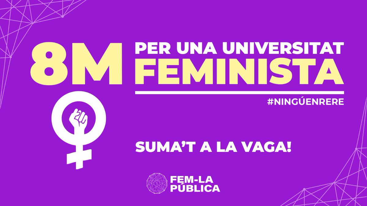 🟣 Una universitat que no deixi #NingúEnrere és també feminista. 

Suma't a la #VagaFeminista d'avui 👇

📍Pl. Universitat (BCN)
🕑 A les 11.30h

Acabem amb les desigualtats a tot arreu: alliberem-nos, fem-ho juntes! ✊ #EstudiantsUB
