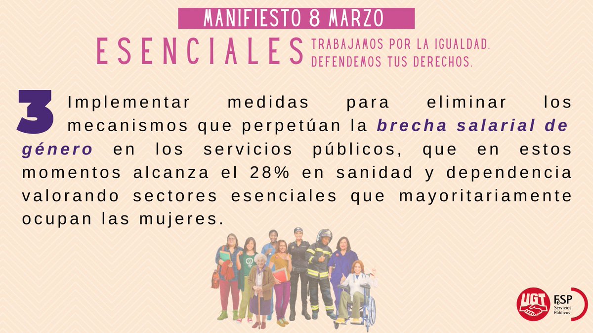 FeSP_UGTmujerPS's tweet photo. 💪💜 MANIFIESTO #8Marzo2021 @FeSP_UGT 

3⃣ Implementar medidas para eliminar los mecanismos que perpetúan la brecha salarial de género en los servicios públicos
#ESENCIALES #8Marzo2021 #8marzo #DiaDeLaMujer2021 https://t.co/i6PH9n1Wcw