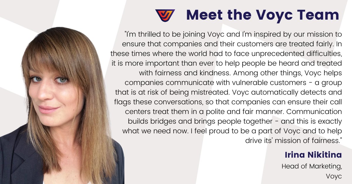 Voyc (@voyc_ai) on Twitter photo Happy #InternationalWomensDay !
We are celebrating Women's leadership this #IWD2021 which also marks our Head of Marketing, Irina's first week at Voyc!
Q: Voyc is on a mission to ensure that companies and their customers are treated fairly. Why did you join this mission? Happy #InternationalWomensDay !
We are celebrating Women's leadership this #IWD2021 which also marks our Head of Marketing, Irina's first week at Voyc!
Q: Voyc is on a mission to ensure that companies and their customers are treated fairly. Why did you join this mission?