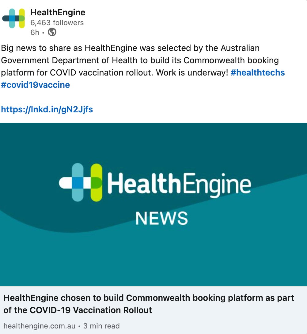 Exciting news for WA Technology!!

<a href="/healthengine/">Healthengine</a> - Dr Mal Bryce Tech Company, Services Category award winner &amp; Hall of Fame inductee for The INCITE Awards has been chosen to build the Commonwealth booking platform for COVID vaccination rollout.

healthengine.com.au/press/2021/03/…