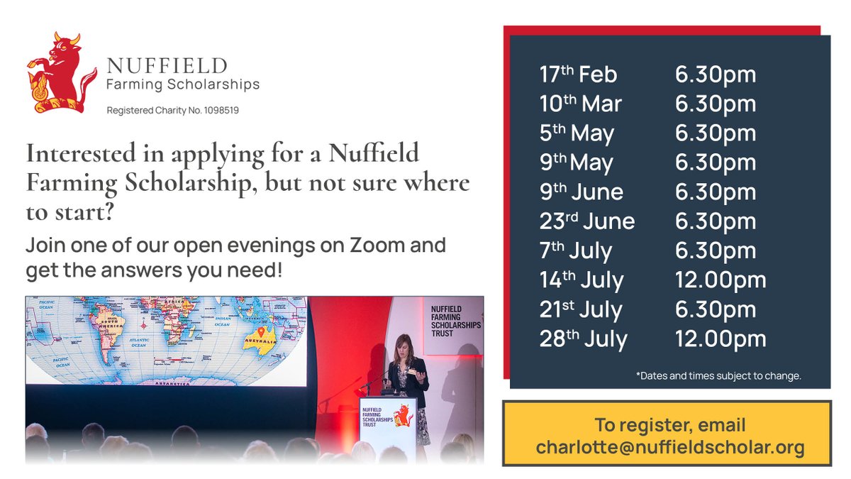 Interested in applying for #Nuffield22? Many opportunities this week for you to learn more about the process: 

🌱10 Mar: Intro to Nuffield 
🌱11 Mar: Meet the Chair, Northern w/ <a href="/JoSpeedUK/">Jo Speed</a> 
🌱14 Mar: Meet the Chair, Southwest w/ Richard Counsell

More👉🏼bit.ly/NuffieldEvents