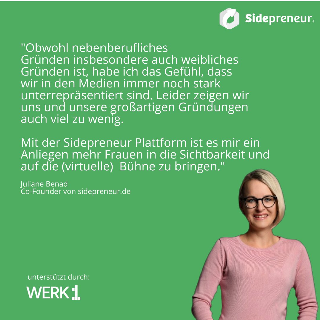 "Obwohl #nebenberuflichesGründen weibliches Gründen ist, habe ich das Gefühl, dass wir in den Medien immer noch unterrepräsentiert sind. Wir Frauen dürfen uns gerne viel mehr zeigen.

Mit #Sidepreneur möchte ich noch viel mehr Frauen eine virtuelle Bühne geben!"

#Weltfrauentag