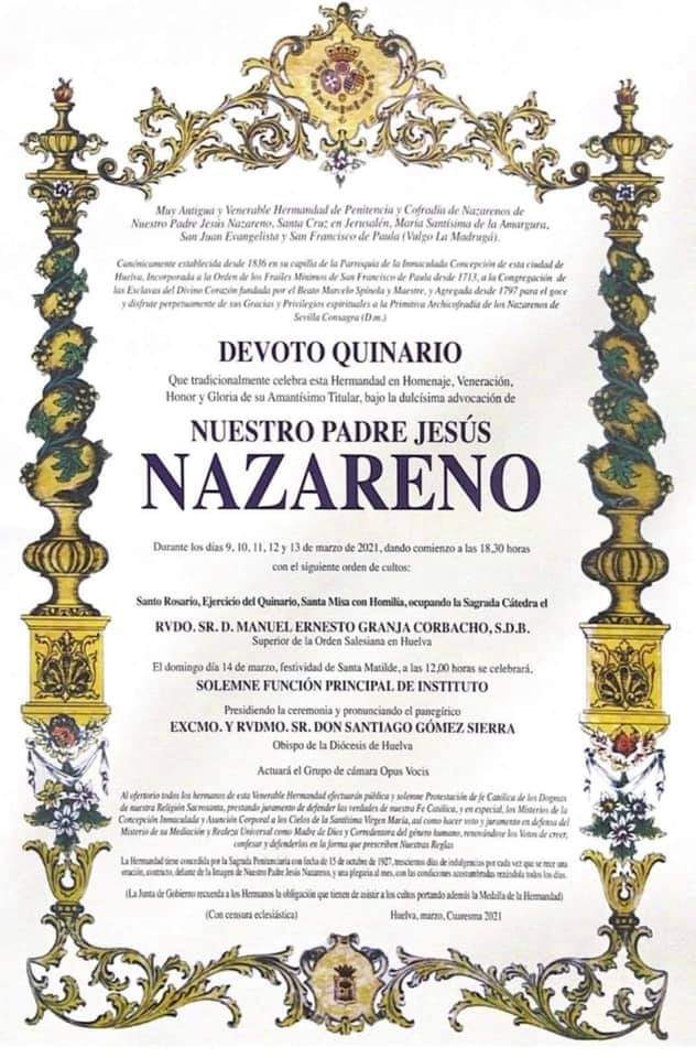 Mañana martes, comienza el Devoto quinario a Nuestro Padre Jesús Nazareno