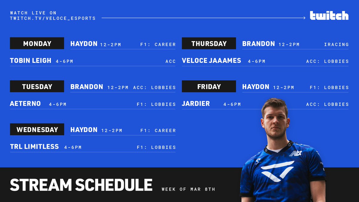 🗓️ This week's Twitch roster!
👉 twitch.tv/veloce_esports

#VivaVeloce #LiveFast
