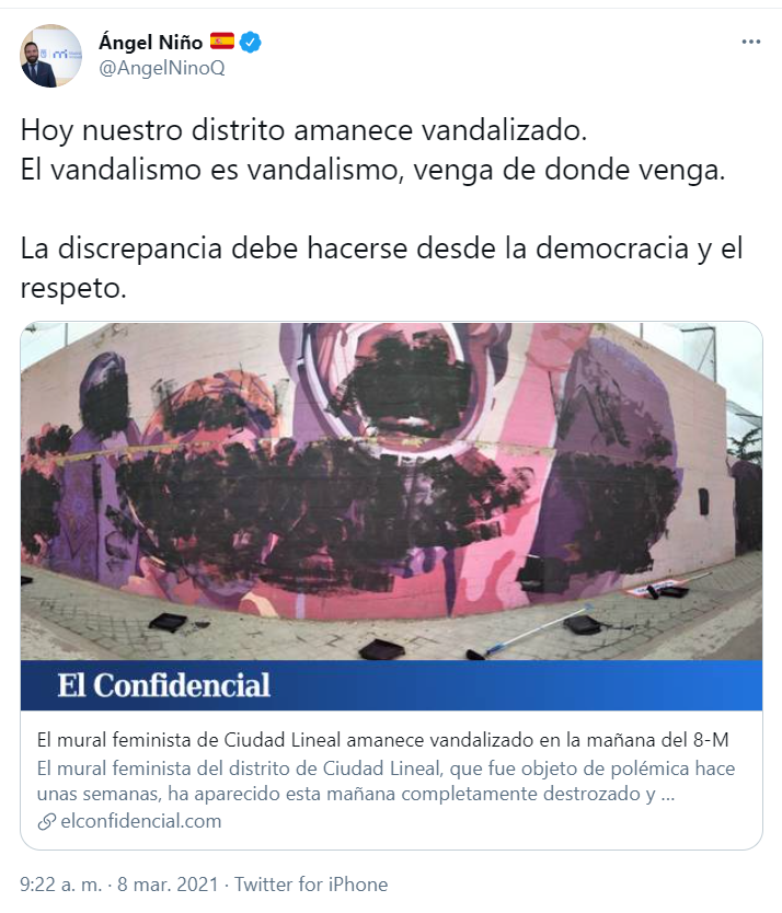 miguelmontejo74's tweet photo. Tirar la piedra y esconder la mano, sorber y soplar, tocar el timbre y salir corriendo... esta forma de hacer política es extremadamente dañina para la democracia.

No es tiempo de decir, es tiempo de hacer. El mural de la Concepción en Ciudad Lineal debe ser restaurado. https://t.co/DE0ogZIIra
