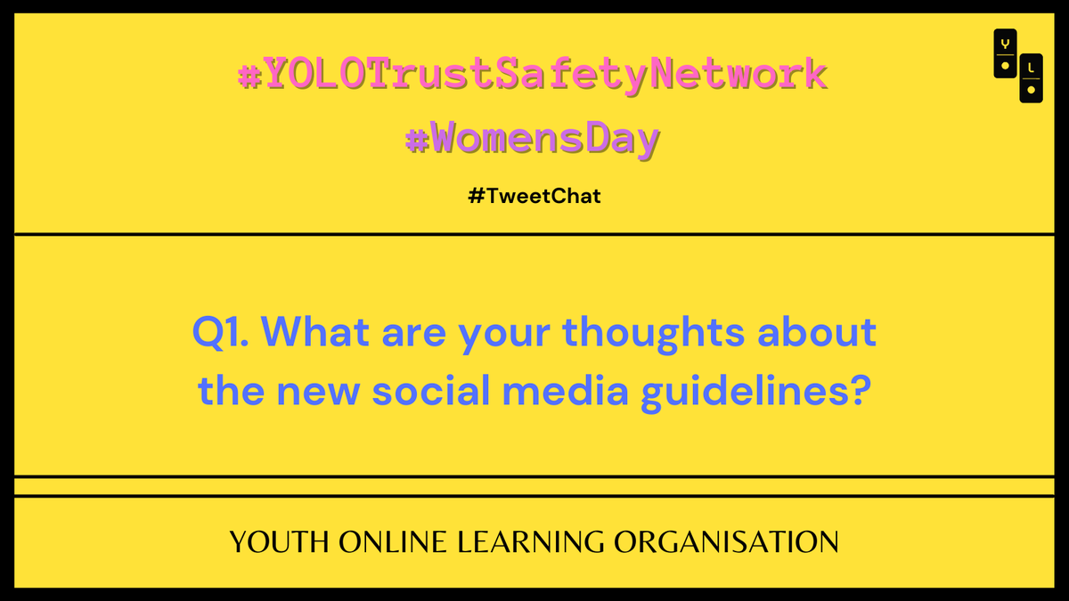 CampaignYolo's tweet photo. Let's begin!

Q1. What are your thoughts about the new social media guidelines?
#YOLOTrustSafetyNetwork #WomensDay https://t.co/zNjrLfh9xp