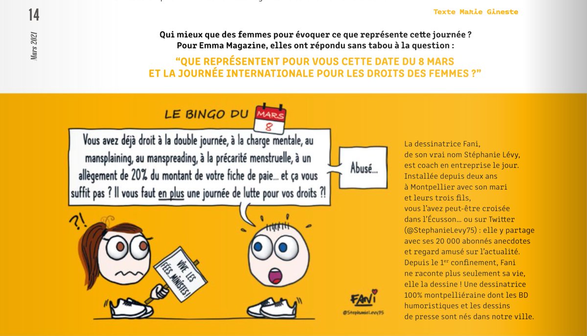 #Montpellier
8 mars 2021, mes premiers pas de dessinatrice de presse publiée. Tout un symbole ! 🙂
Merci au magazine montpelliérain Emma. 
J'espère d'autres heureuses collaborations avec la presse prochainement !
emma-magazine.fr/feuilletez/ 

Merci pour vos RT ;)