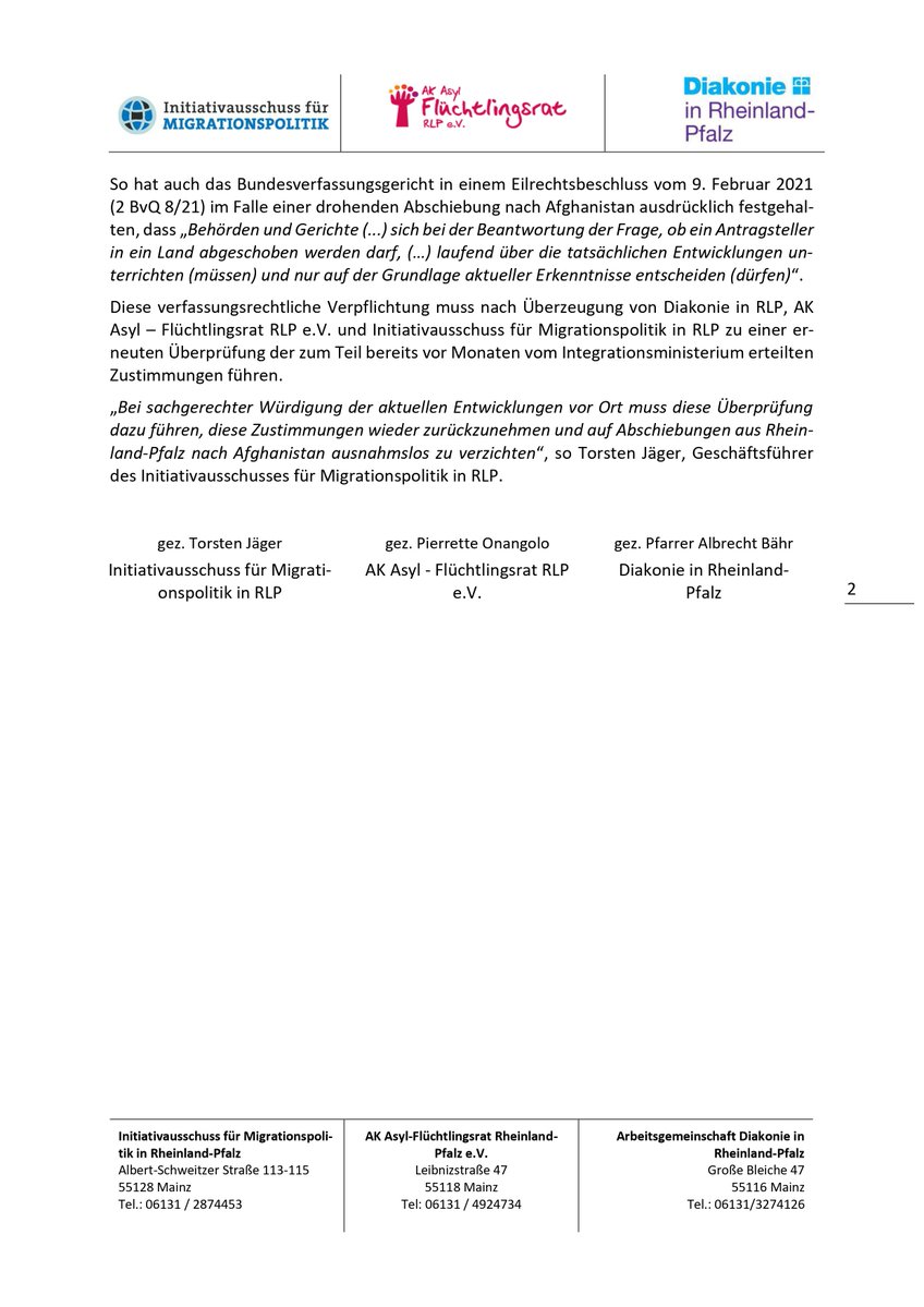 Morgen nächste Sammelabschiebung nach #Afghanistan. Das #Bundesverfassungsgericht hat klargestellt, dass über Abschiebehindernisse auf aktueller Grundlage entschieden werden muss. <a href="/Vielfalt_RLP/">MFFKI Rheinland-Pfalz</a>: Abschiebezustimmungen, die ihr z.T. schon vor Monaten erteilt habt, tragen da nicht.