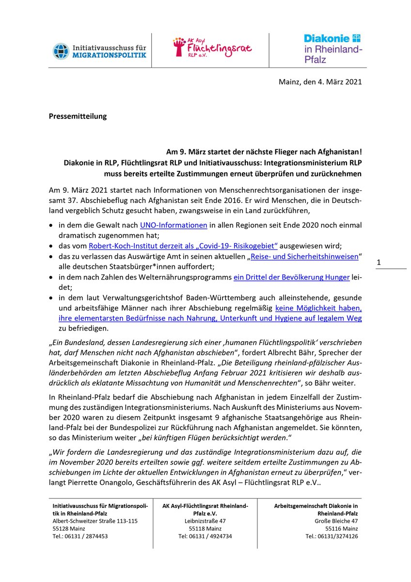 IniMigration's tweet photo. Morgen nächste Sammelabschiebung nach #Afghanistan. Das #Bundesverfassungsgericht hat klargestellt, dass über Abschiebehindernisse auf aktueller Grundlage entschieden werden muss. @Vielfalt_RLP: Abschiebezustimmungen, die ihr z.T. schon vor Monaten erteilt habt, tragen da nicht. https://t.co/gVBDKbb01G