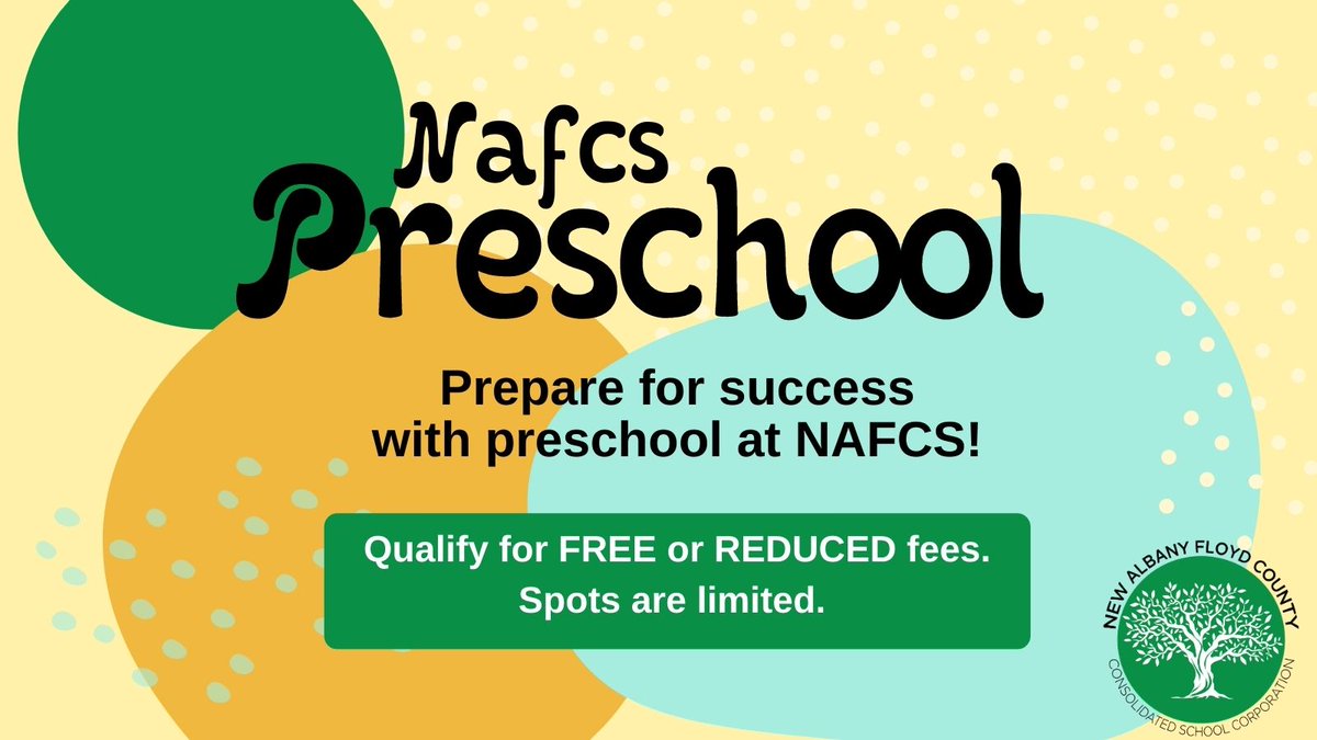 Prepare for success with preschool at NAFCS! Qualify for FREE or REDUCED fees through On My Way Pre-K. Call today for more information! #NAFCSuccess 

Children’s Academy Early Learning Center: 812-542-5506
S. Ellen Jones Elementary: 812-542-5508
Green Valley: 812-542-5503