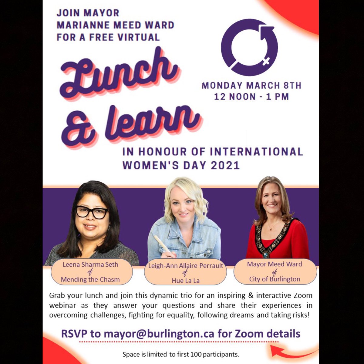 Looking forward to hosting Leena Sharma Seth of Mending the Chasm &amp; Leigh-Ann Allaire Perrault of Hue La La today at noon as guest panelists for my free virtual Lunch &amp; Learn event for #InternationalWomensDay. Join us for an inspiring and interactive webinar and Q-and-A. #IWD2021