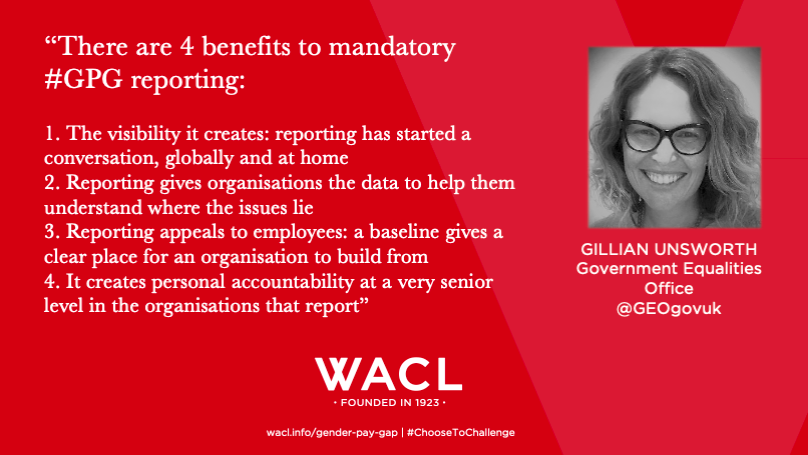 WACL1's tweet photo. Gillian Unsworth of @GEOgovuk is super clear on some of the key benefits of #GenderPayGap Reporting:
#ChoosetoChallenge #PayGapReporting https://t.co/2FdOTsnBT5