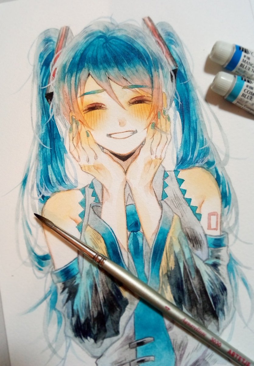 hatsune miku 1girl twintails solo traditional media detached sleeves necktie long hair  illustration images