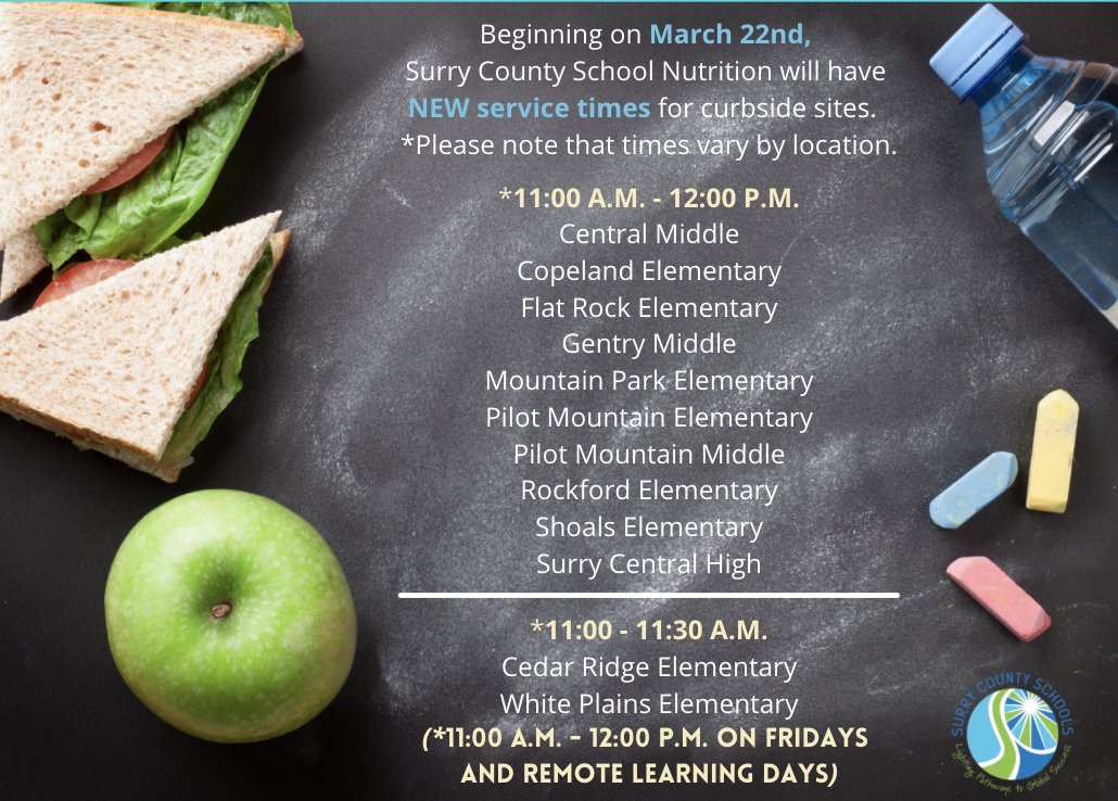 SurryCoSchools's tweet photo. IMPORTANT INFORMATION ABOUT CURBSIDE MEAL SERVICE!  NEW SERVICE TIMES beginning March 22nd! #SCSSchoolNutrition #SCSCares #FeedingtheBodyandMind https://t.co/CAgmVjhk7E