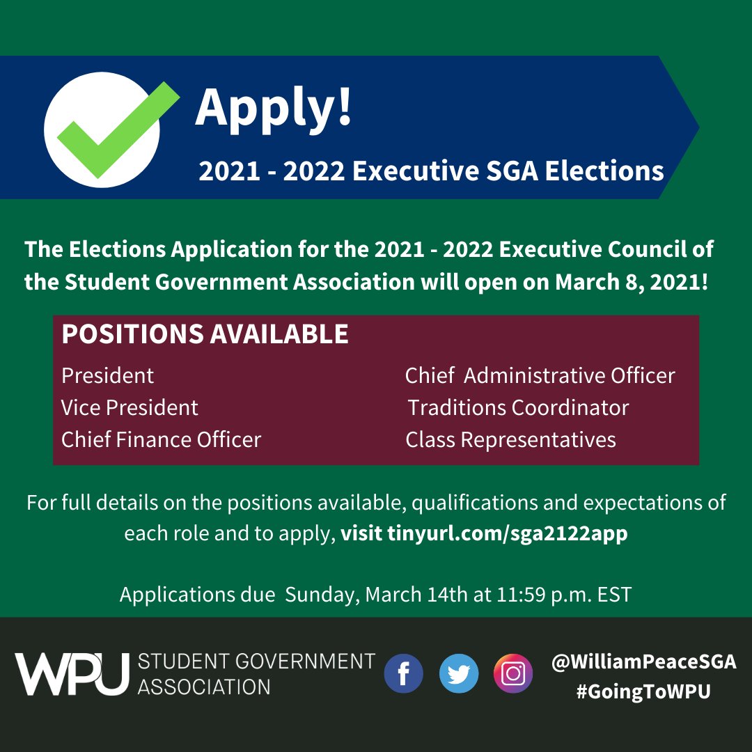 PACERS!  It's time for us to start looking for our 2021 -2022 SGA leaders!  Eligibility Applications are open now - March 14th.  Are you ready to step up and advocate for your peers?  APPLY NOW and find out! #pacerpride #goingtoWPU #Believeinpeace