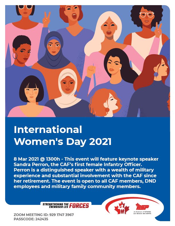 CFB Winnipeg is hosting of local virtual celebration event for this year‘s International Women’s Day. Use the <a href="/Zoom/">Zoom</a> log-in info on the poster to join the event! — @CFMWS1 <a href="/PSPOttawa/">PSP CFSG (O-G)</a> @MfsCfmws @WinnipegMFRC <a href="/RCAF_ARC/">Royal Canadian Air Force</a> #WomensDay