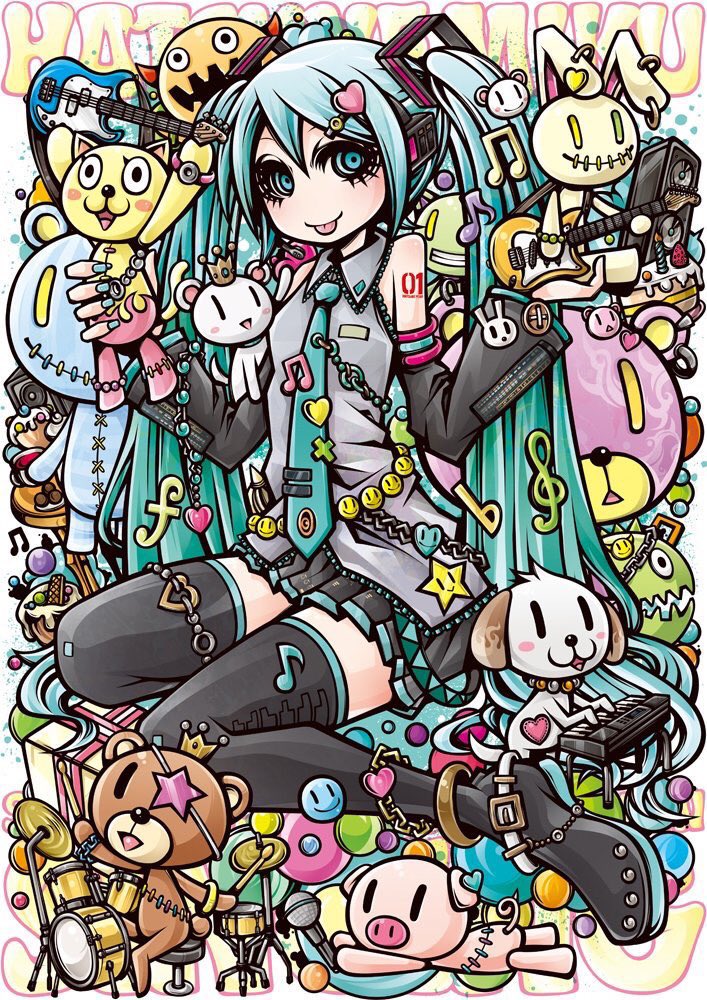 hatsune miku 1girl long hair instrument stuffed toy thighhighs twintails necktie  illustration images