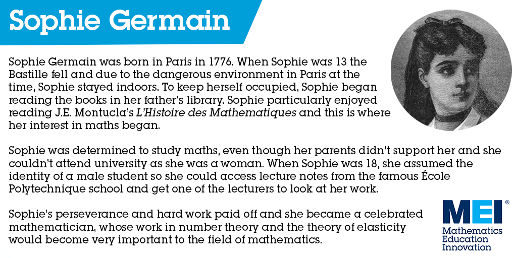 Last but not least, we have Sophie Germain.

Sophie was determined to study maths, despite all the difficulties she faced. Her perseverance and hard work paid off and she became an incredible mathematician.

#InternationalWomensDay