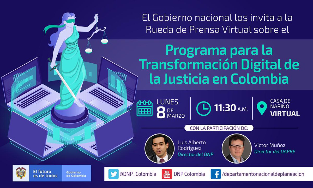 DNP_Colombia's tweet photo. Conéctate hoy con la rueda de prensa virtual sobre El "Programa de transformación digital de la justicia", en donde se dará un importante anuncio que permitirá incrementar la efectividad, la eficiencia y la transparencia del sistema de justicia. https://t.co/PvpX4B4njp https://t.co/pNfv0Cbqmv