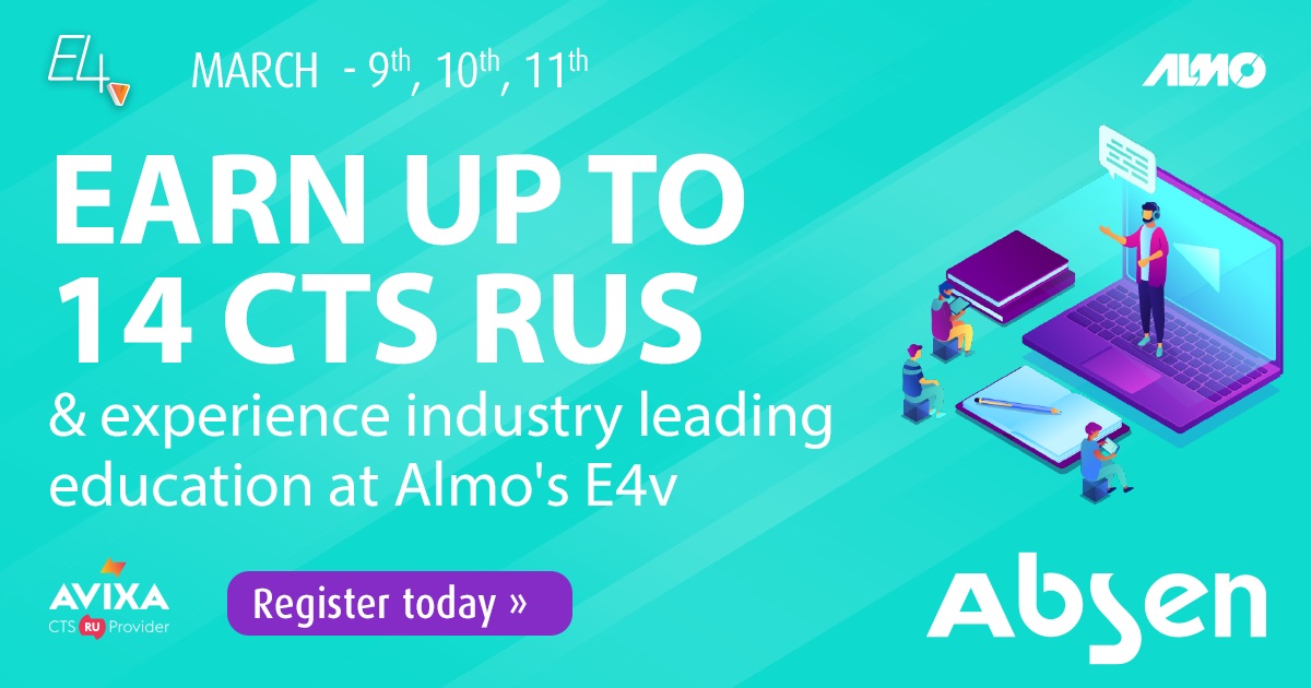 Absen_Inc's tweet photo. @AlmoProAV #AlmoE4v starts tomorrow and ends March 11! You can even earn up to 14 AVIXA CTS-RUs AND learn about @Absen_Inc #LedWall Solutions at the same time. We canโt wait to see you there! https://t.co/ukCuYiH9xJ #abseninc #almoproav #AVtweeps #avpros #systemintegration https://t.co/Kp5PyoVTk6
