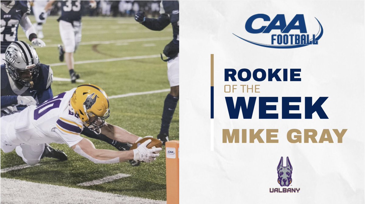 CAA Football (@caafootball) on Twitter photo #CAAFB Rookie of the Week
In his collegiate debut, Mike Gray caught seven passes for 74 yards and a touchdown as <a href="/UAlbanySports/">UAlbany Sports</a> got past New Hampshire, 24-20, on Friday #CAAFB Rookie of the Week
In his collegiate debut, Mike Gray caught seven passes for 74 yards and a touchdown as <a href="/UAlbanySports/">UAlbany Sports</a> got past New Hampshire, 24-20, on Friday