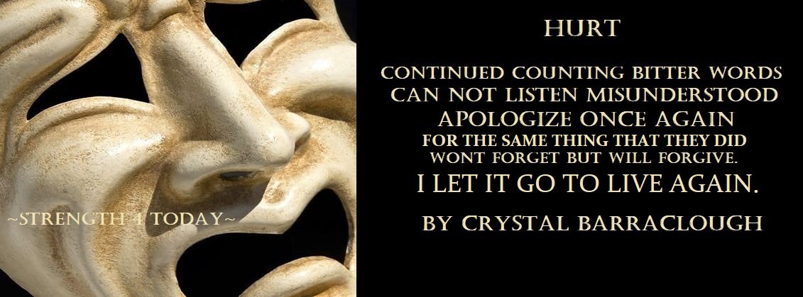 Strengthfor2day's tweet image. #Hurt #BitterWords #Misunderstood #Apologize #Forgive #Live #Strengthfor2day
Hurt
Continued counting Bitter words
Can not listen Misunderstood
Apologize once again
For the same thing That they did
Wont forget But will forgive.
I let it go To live again.
By Crystal Barraclough
