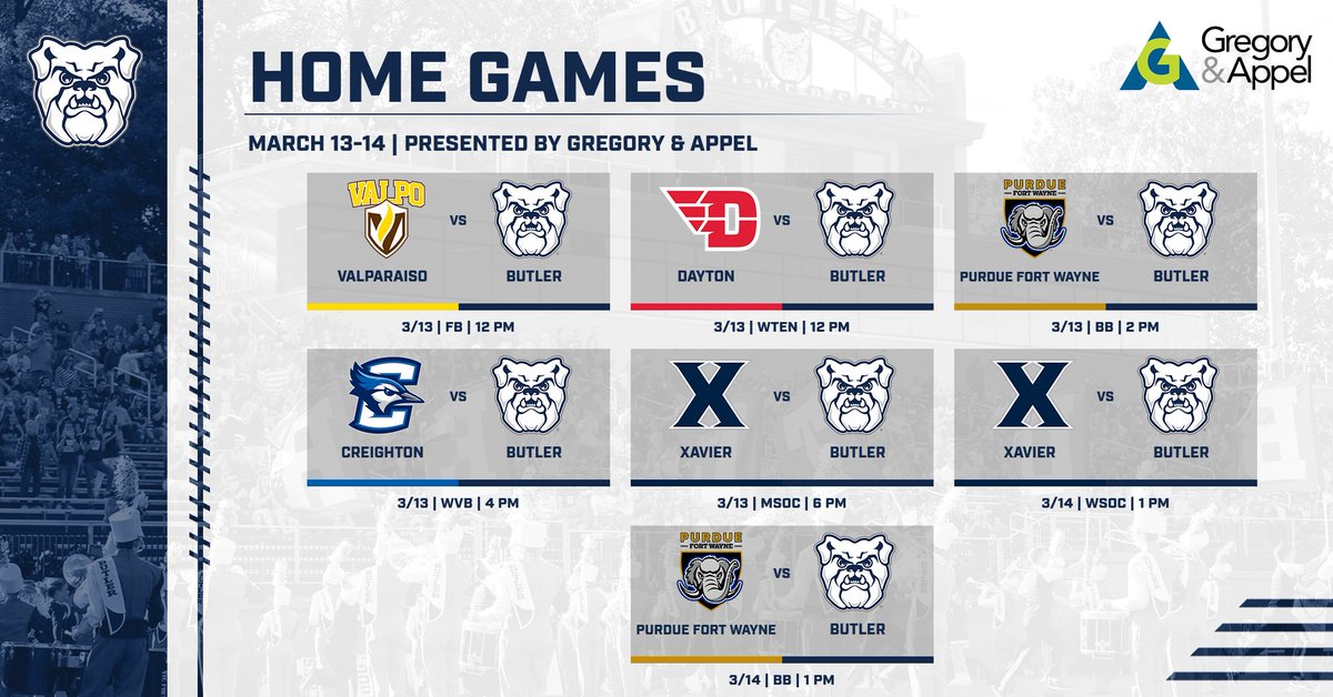 ButlerAthletics's tweet image. A look at the week ahead, presented by 
@GregoryAppel

Football and Baseball season is upon us! Let's have a winning week!

Every adventure has setbacks - Gregory &amp;amp; Appel's daily quest is to guide people and businesses forward withe decisions in the face of risk.
#GoDawgs