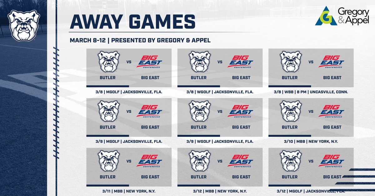 ButlerAthletics's tweet image. A look at the week ahead, presented by 
@GregoryAppel

Football and Baseball season is upon us! Let's have a winning week!

Every adventure has setbacks - Gregory &amp;amp; Appel's daily quest is to guide people and businesses forward withe decisions in the face of risk.
#GoDawgs
