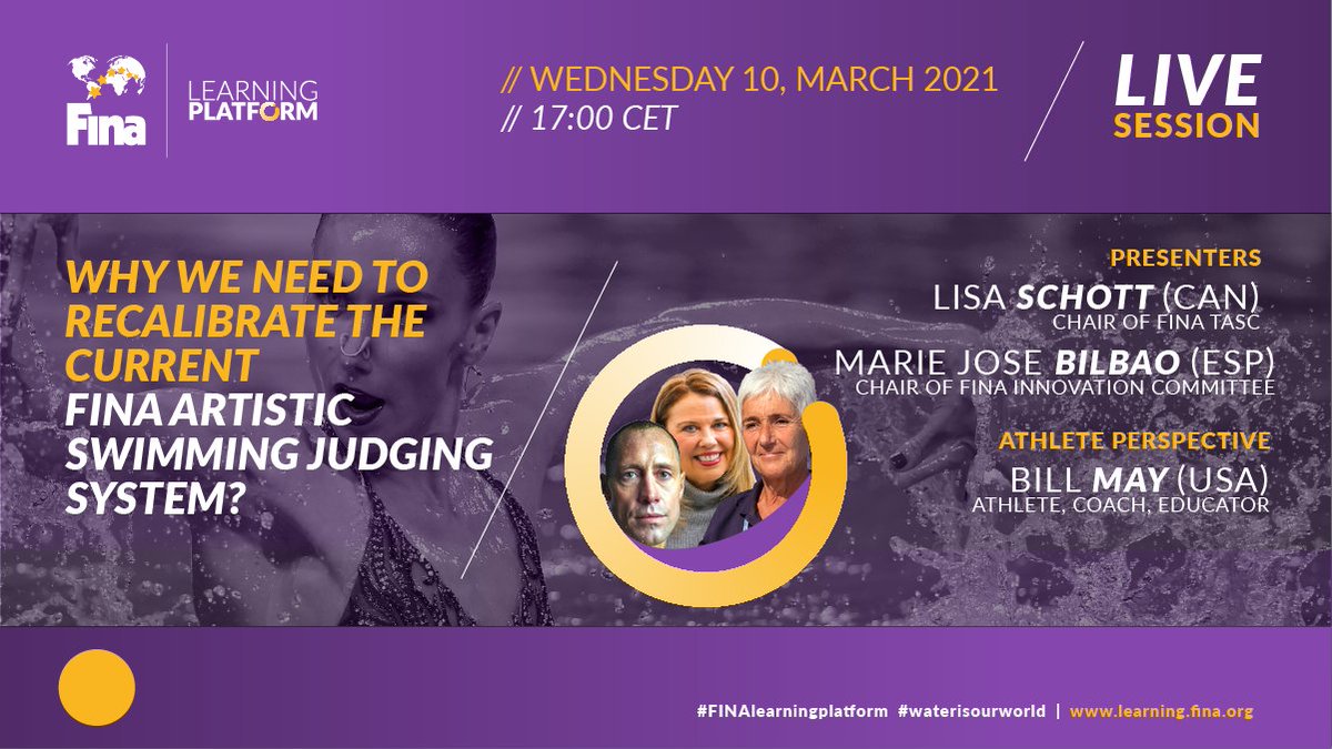 WorldAquatics's tweet photo. #Alert Artistic Swimming Community:
Join Lisa Schott, Maria Josรฉ Bilbao and Bill May in a live session about the need to recalibrate the current FINA Artistic Swimming judging system. https://t.co/2EpHUdeUxS
#artisticswimming #FINAlearningplatform https://t.co/lCBsn04aH7