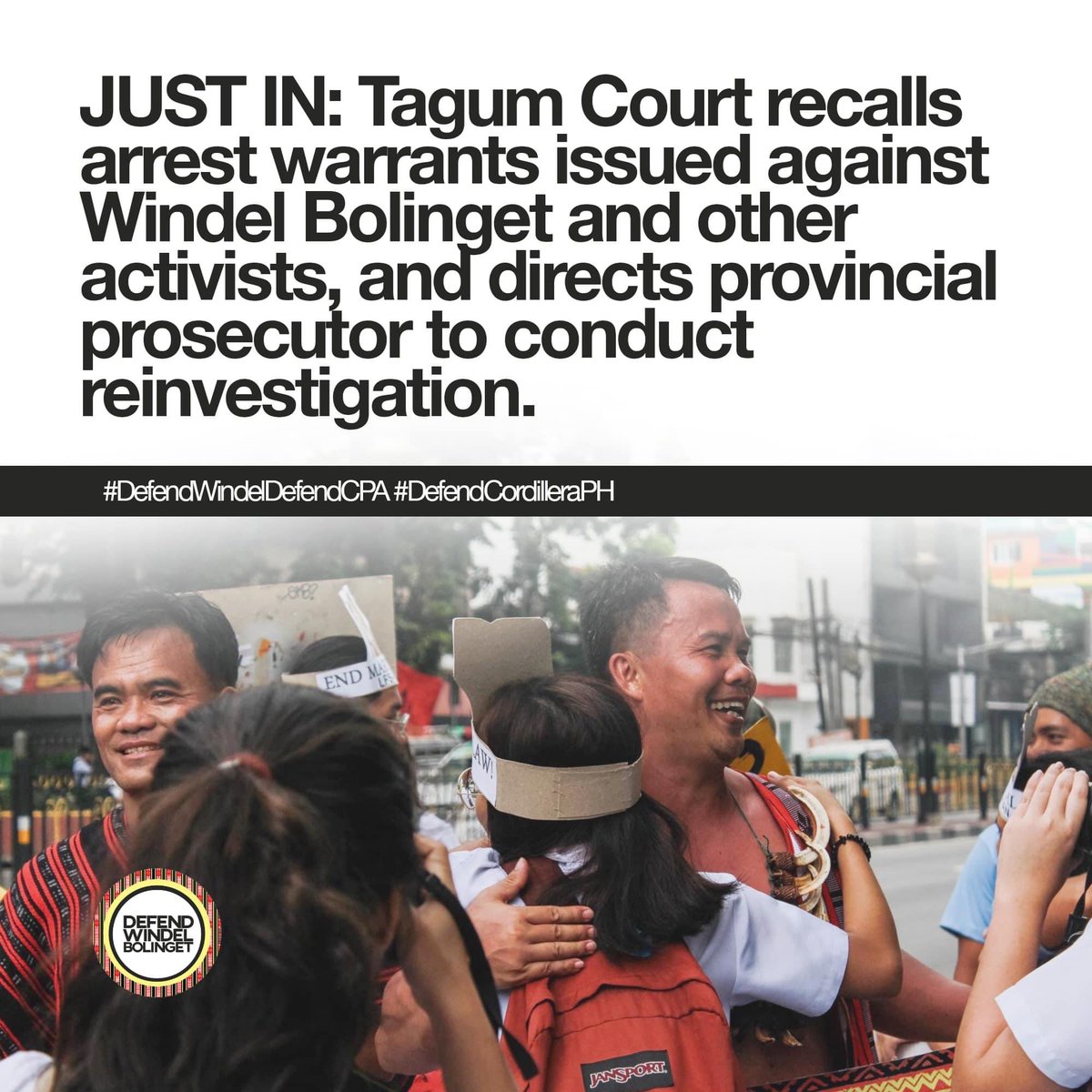 CPA_Cordillera's tweet photo. CASE UPDATE: Tagum Court recalls arrest warrants issued against Windel Bolinget and directs provincial prosecutor to conduct reinvestigation.
READ: https://t.co/xIAL8NwplO
#DefendWindelDefendCPA
#DefendCordilleraPH https://t.co/0lnqHdWtQL