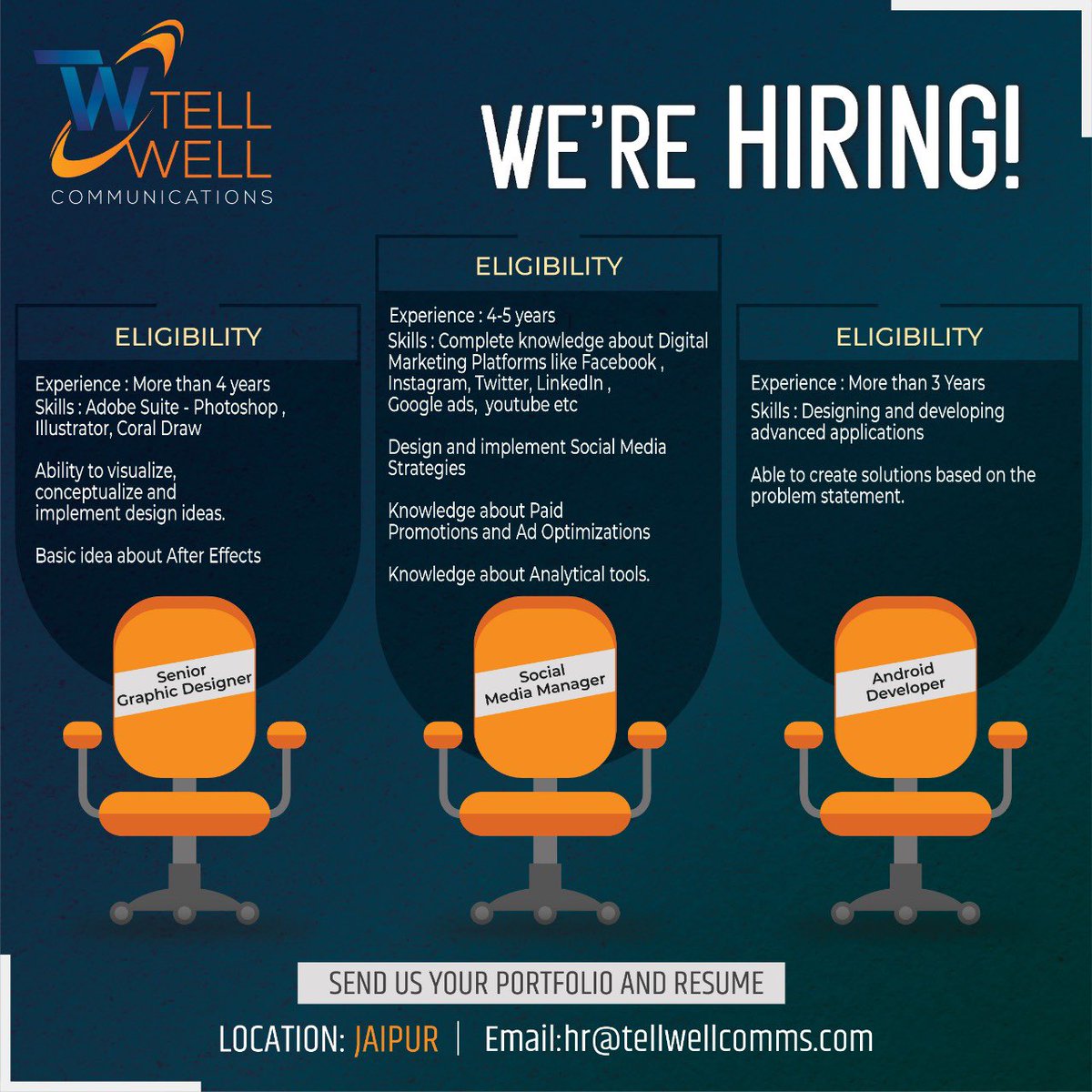 HIRING ALERT
If you think you are creative enough to work with us, mail us your CV at hr@tellwellcomms.com

#hiring #graphicdesigner #androiddeveloper #jobs #socialmediamanager #digitalmarketing #instagrammanager #facebook #twitter #socialmediamarketing
