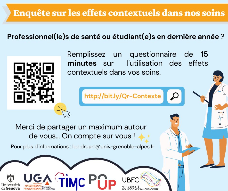 Hello les Pro de Santé 🩺🏥
Voila une enquête sur l'effet contextuel / Placebo qui s'adresse à TOUS les pro de santé de FR, SUI &amp; BEL (+étu en dernière année) ! ✅
bit.ly/Qr-Contexte
⏲️~10/15 min
On recrute par diffusion donc, merci de RT et de partager autour de vous svp 🙏