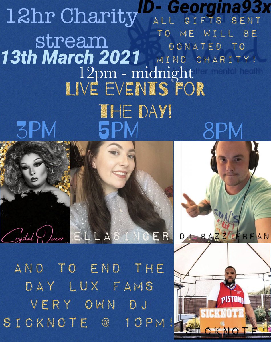 My charity event taking place Saturday 13th March 12 noon until 12 midnight plenty of chats, laughs and live entertainment! <a href="/BIGOLIVEapp/">BIGO LIVE</a> search my ID come join the fun. All gifts will be donated to <a href="/MindCharity/">Mind</a> ♥️