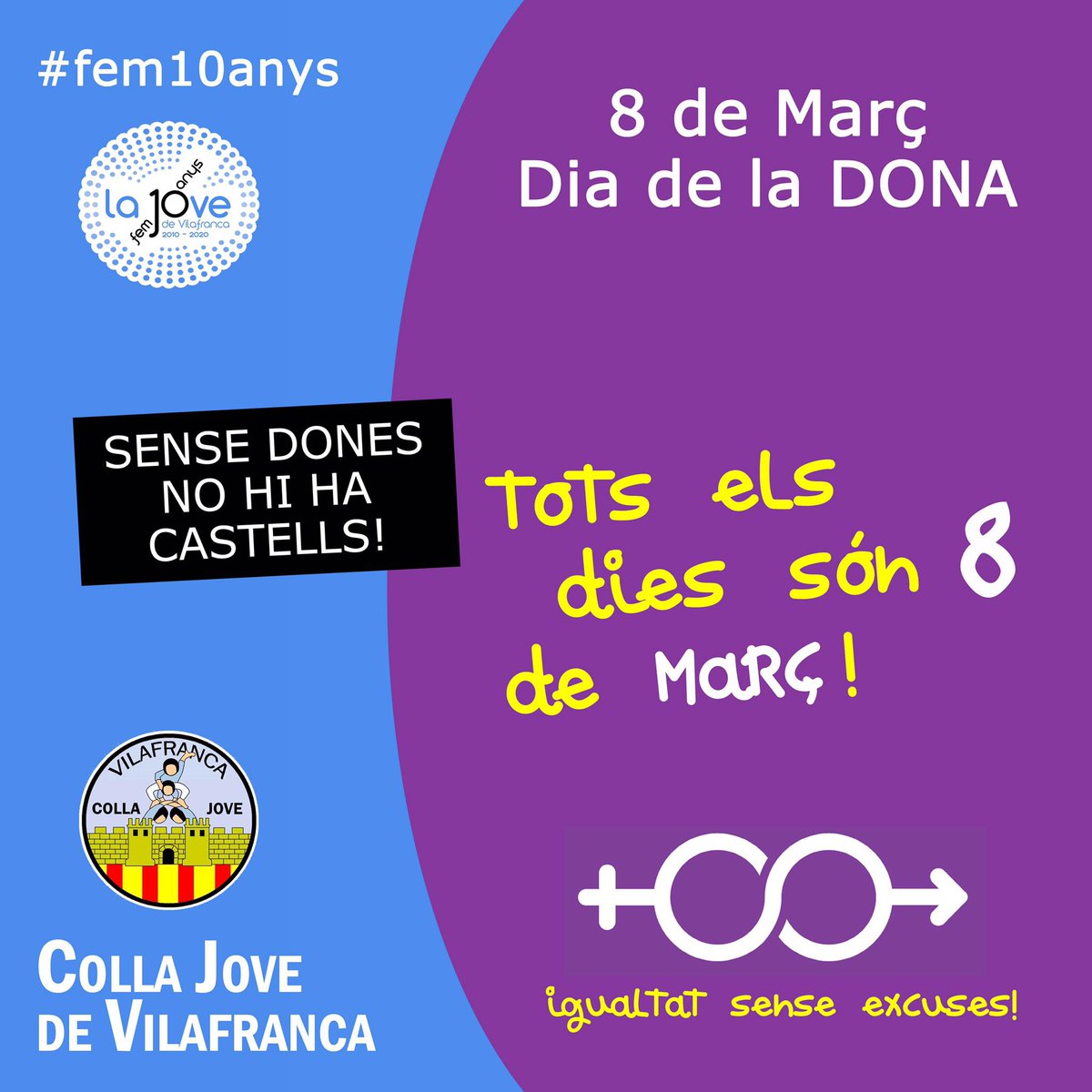JOVEVILAFRANCA's tweet photo. Sense les dones no hi ha castells! 

Així ho volem, avui i sempre, tots els díes són 8 de març! 💜

#castelleres #8M2021 #igualtatsenseexcuses #cjdv #CJDV https://t.co/MJu6JpZLCB