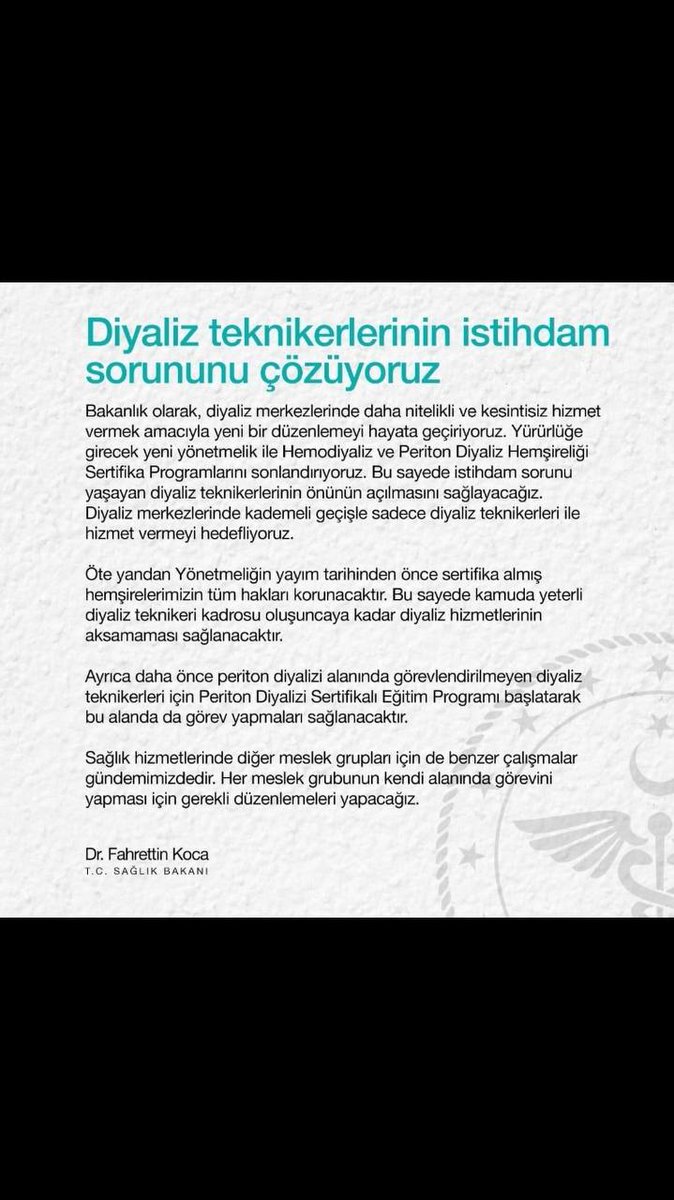 Sn Bakanım 
<a href="/drfahrettinkoca/">Dr. Fahrettin Koca</a>

✓1 mart 2019 da diyaliz teknikerlerine yönetmelik çıkarıldı ve istihdam sözü verildi.

✓ 2021 mart geldi  YÖNETMELİK UYGULANMADI

Diyaliz teknikerleri beklemede. 

DiyalizYönetmeliği Uygulansın