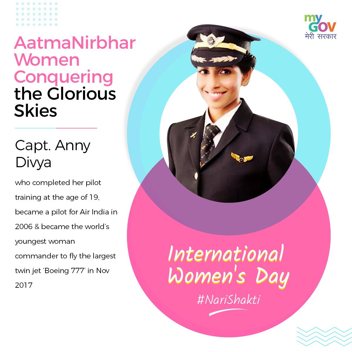 AnilRajputsays's tweet image. Capt @AnnyDivya became the world’s youngest woman commander to fly the largest twin jet-Boeing 777 in Nov 2017 as a pilot with @airindiain.She continues to soar high as a Captain of Boeing 777.
Let’s make 2021 count for women and girls in every field.
#AatmaNirbharNaari #IWD2021