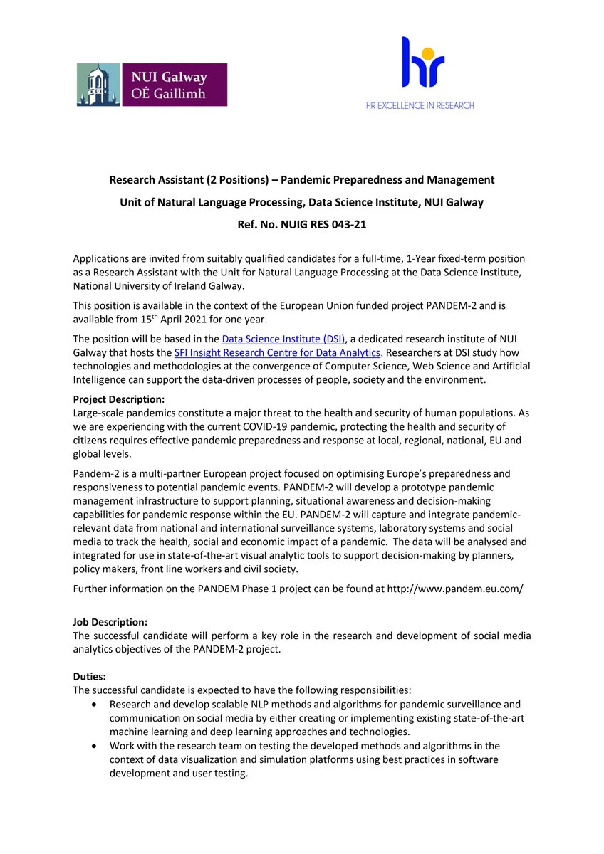 UNLP_Galway's tweet photo. We are seeking 2 talented RAs to work on solving NLP and social media analysis problems in the context of the PANDEM-2 project. Check out the advert to see if it's a good fit for u. Closing date 22/03 @DSIatNUIG @insight_centre @NUIGCareers @nuigalway @ResearchatNUIG #NLProc https://t.co/W6epNK1E4B