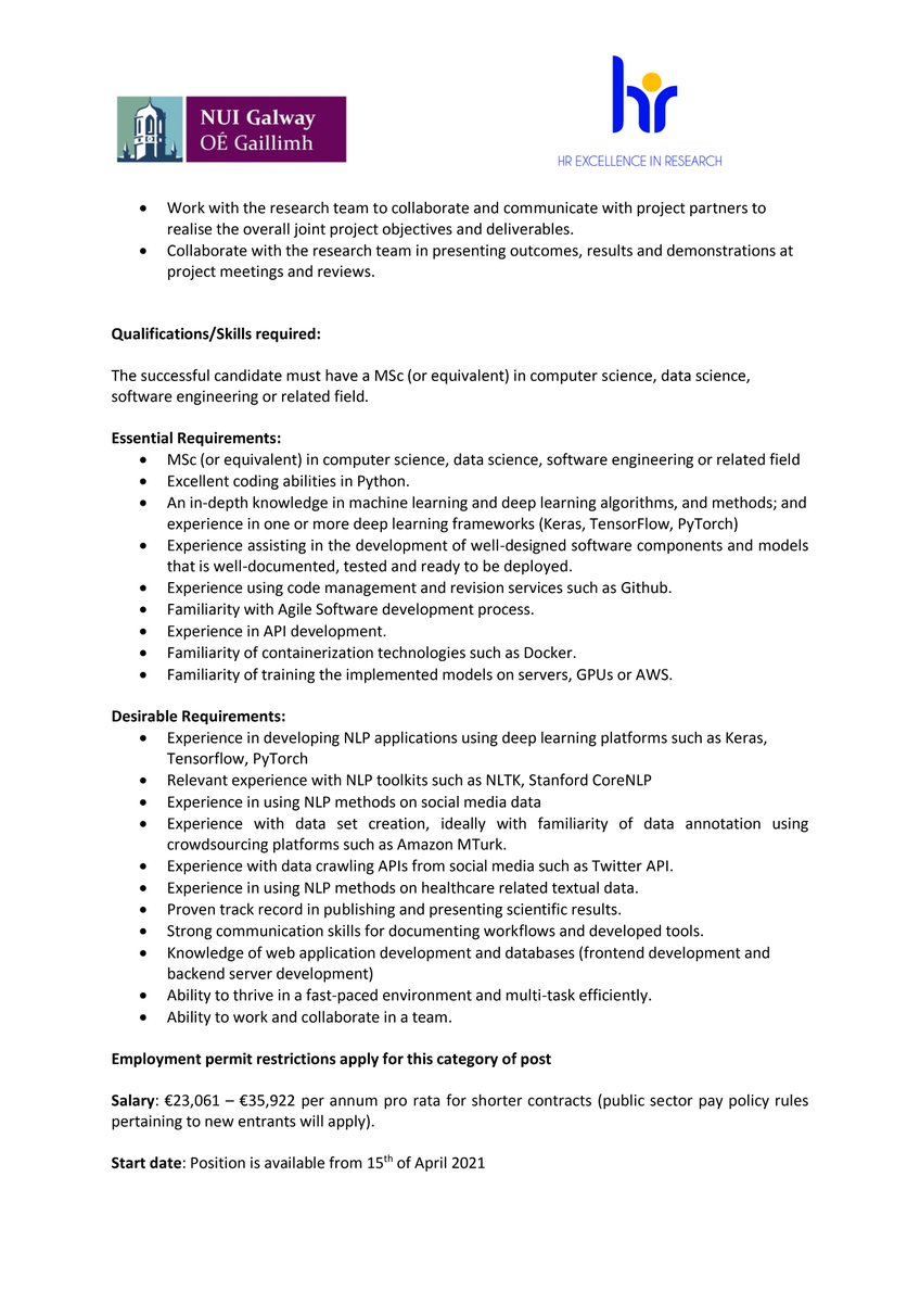 UNLP_Galway's tweet photo. We are seeking 2 talented RAs to work on solving NLP and social media analysis problems in the context of the PANDEM-2 project. Check out the advert to see if it's a good fit for u. Closing date 22/03 @DSIatNUIG @insight_centre @NUIGCareers @nuigalway @ResearchatNUIG #NLProc https://t.co/W6epNK1E4B