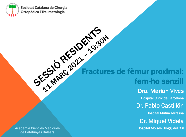 S'acosta el segon dijous de mes 🔥

En aquesta sessió de residents parlarem d'un tema molt prevalent en la nostra especialitat: Fractures de Fèmur Proximal!

Debateix amb nosaltres, la Dra. Vives, el Dr. Castillón i el Dr. Videla les 19:30h via Webex com sempre!

T'hi esperem💪🛠️