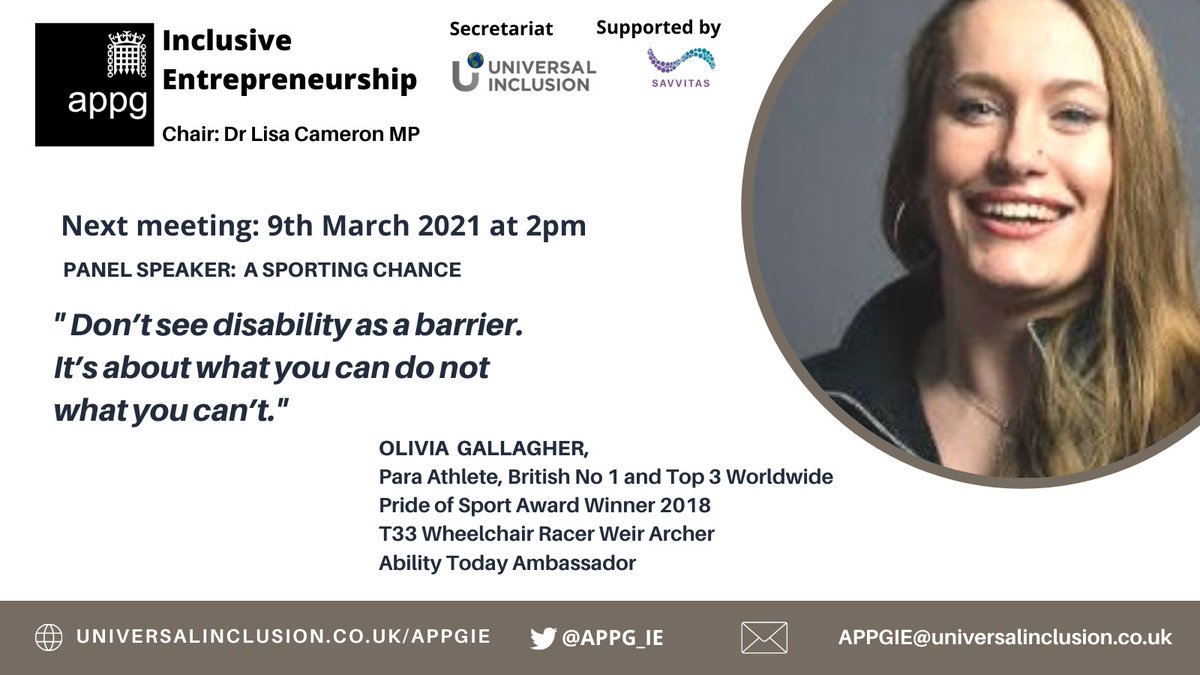 APPG_IE's tweet photo. In celebration of #IWD21 join our #ASportingChance Panel Speaker @olivia_T33 09.03.21 at 2pm @WeirArcher @thecgf @TarmacLtd @davidweir2012 @CPISRA @SkySports @DrLisaCameronMP @Tanni_GT @Collers0210 @clarebalding
#SheLeadsTheWay
Register https://t.co/dSa7HnsjR7 https://t.co/EmPaT7fEhC