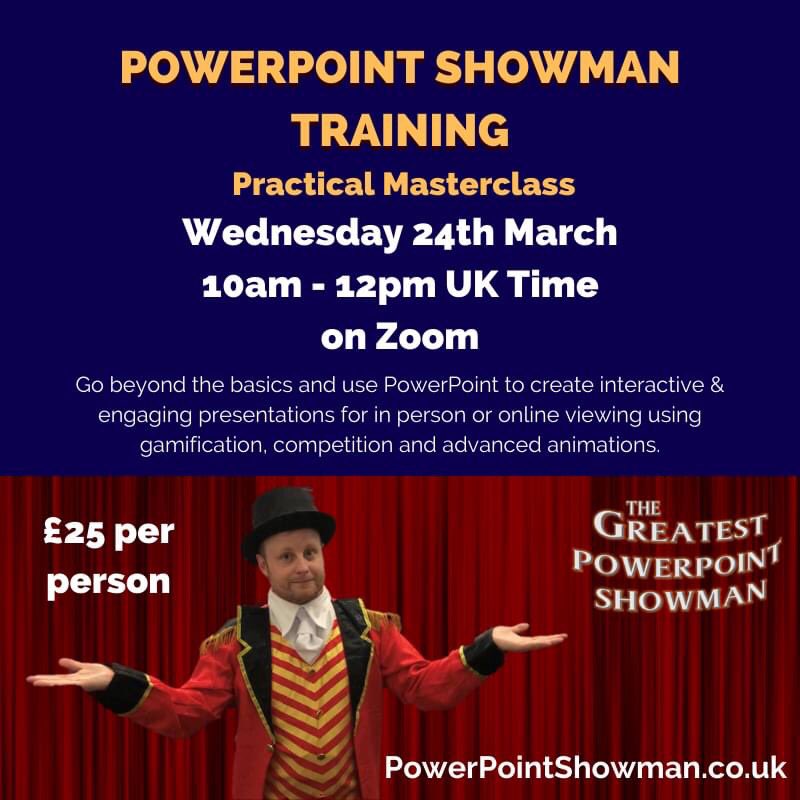 BPresentable's tweet image. Been asked a few times if I will be doing any more of these PowerPoint Showman masterclasses soon so I’ve put one on for Wednesday 24th March 10am - 12pm. 

More info and booking details here - greatestpowerpointshowman.co.uk/online-2-hour-…